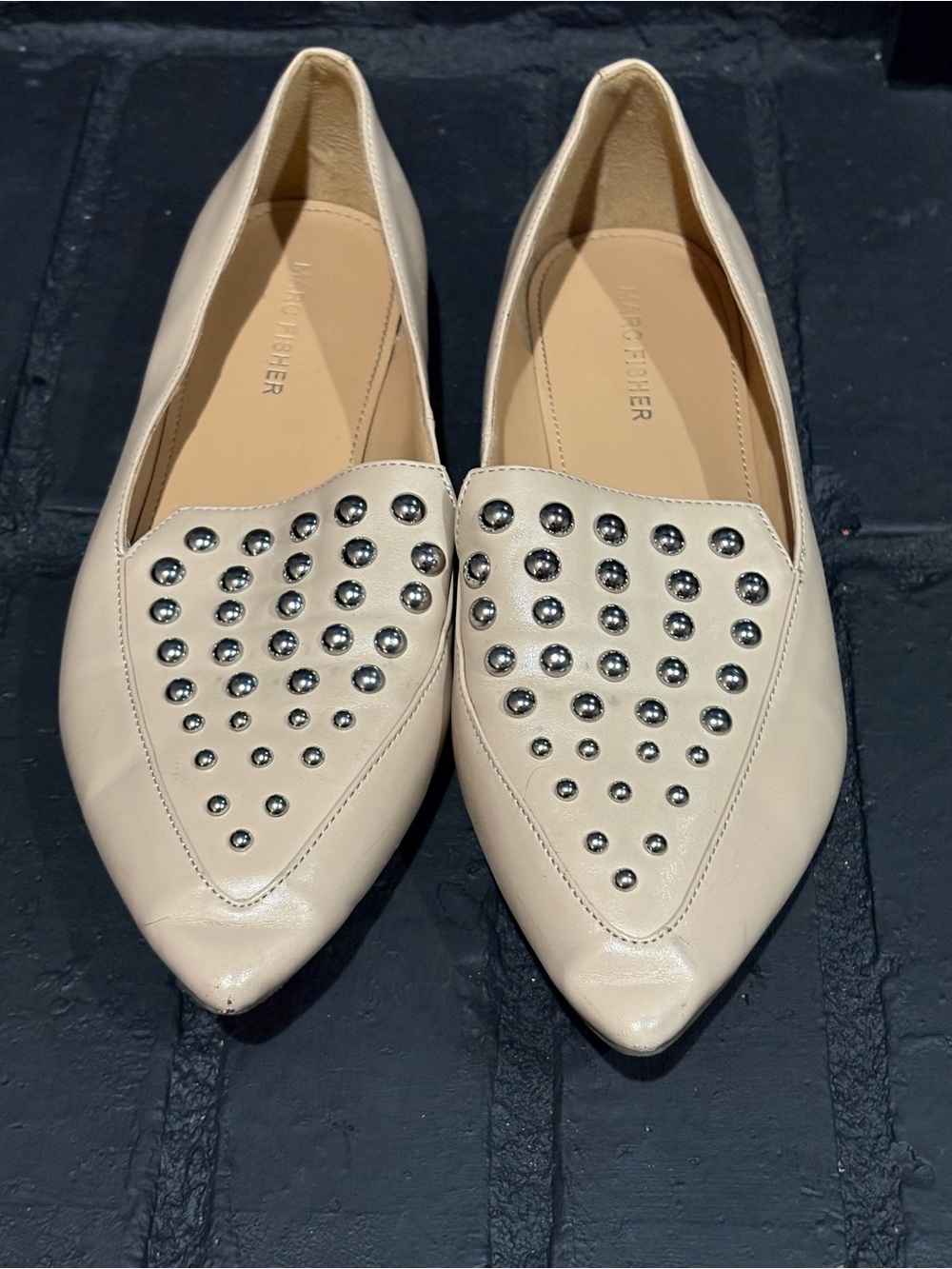 Marc Fisher Studded Pointed Toe Flats in Beige